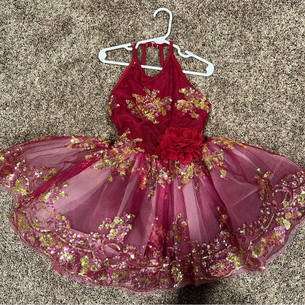 Revolution Dancewear Red and Gold Floral Tulle Dress
